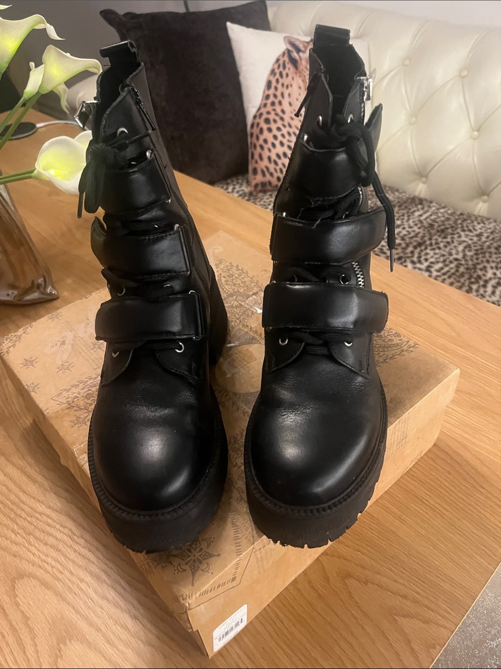 Free People Black Chunky Lace-Up Moto Boots with Buckle Straps